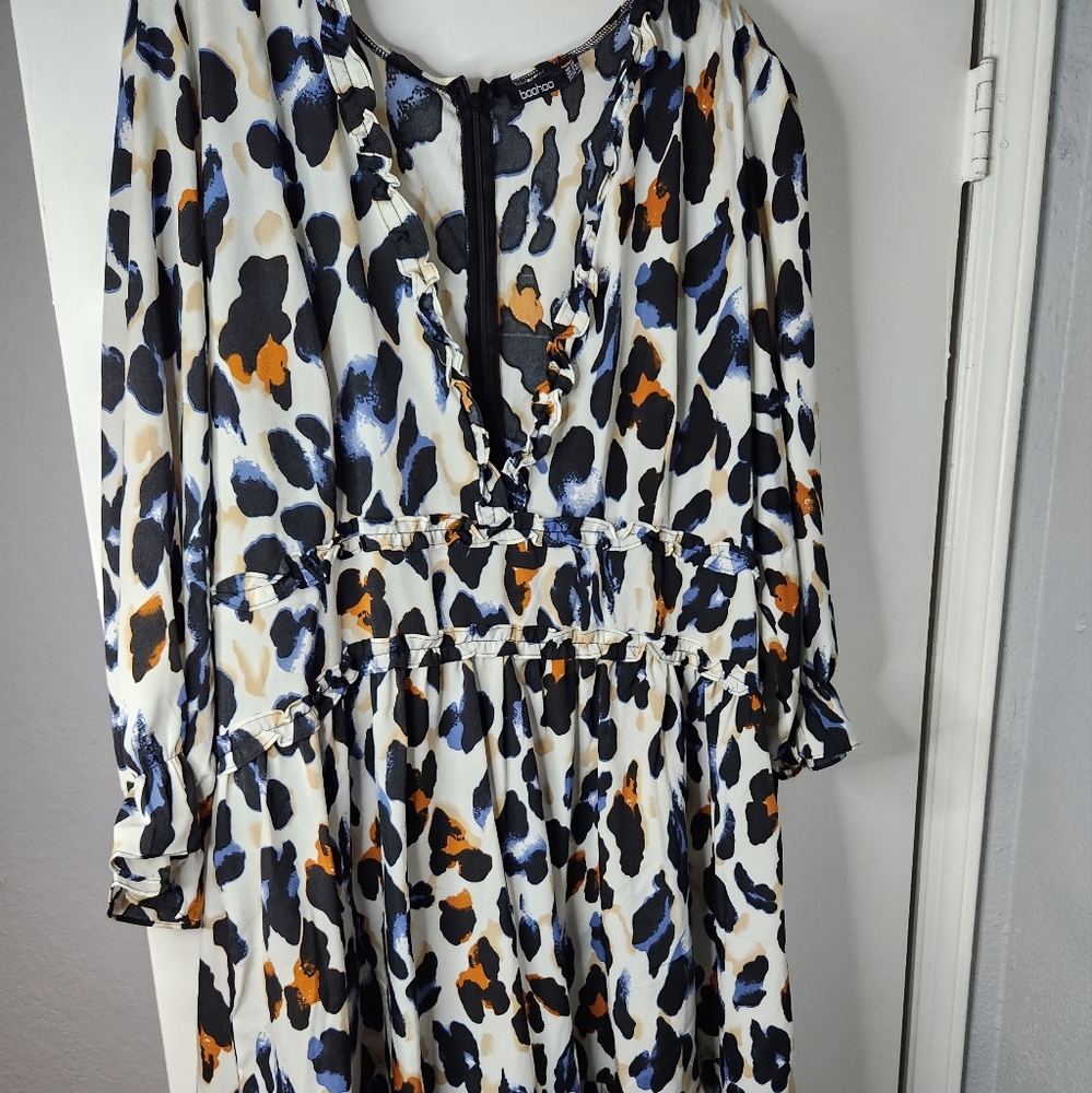 Plus Multi Leopard Print Satin Ruffle Skater Dress - Picture 2 of 3